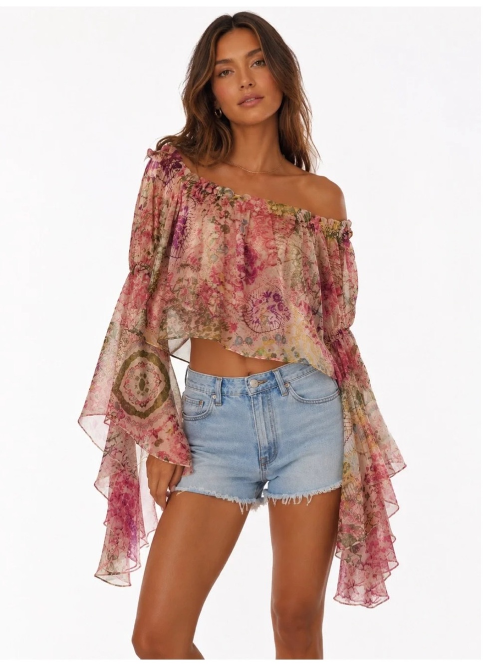 Boho Floral Sheer Off Shoulder Bell Sleeve Blouse